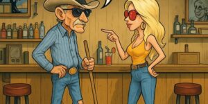 An old blind cowboy walks into a bar