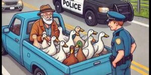 A policeman pulls over an old man driving a pickup truck