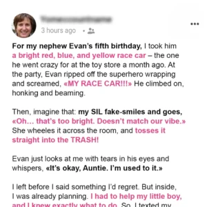 My SIL Threw Out the Colorful Car I Gifted for Her Son’s 5th Birthday… My SIL Threw Out the Colorful Car I Gifted for Her Son’s 5th Birthday…